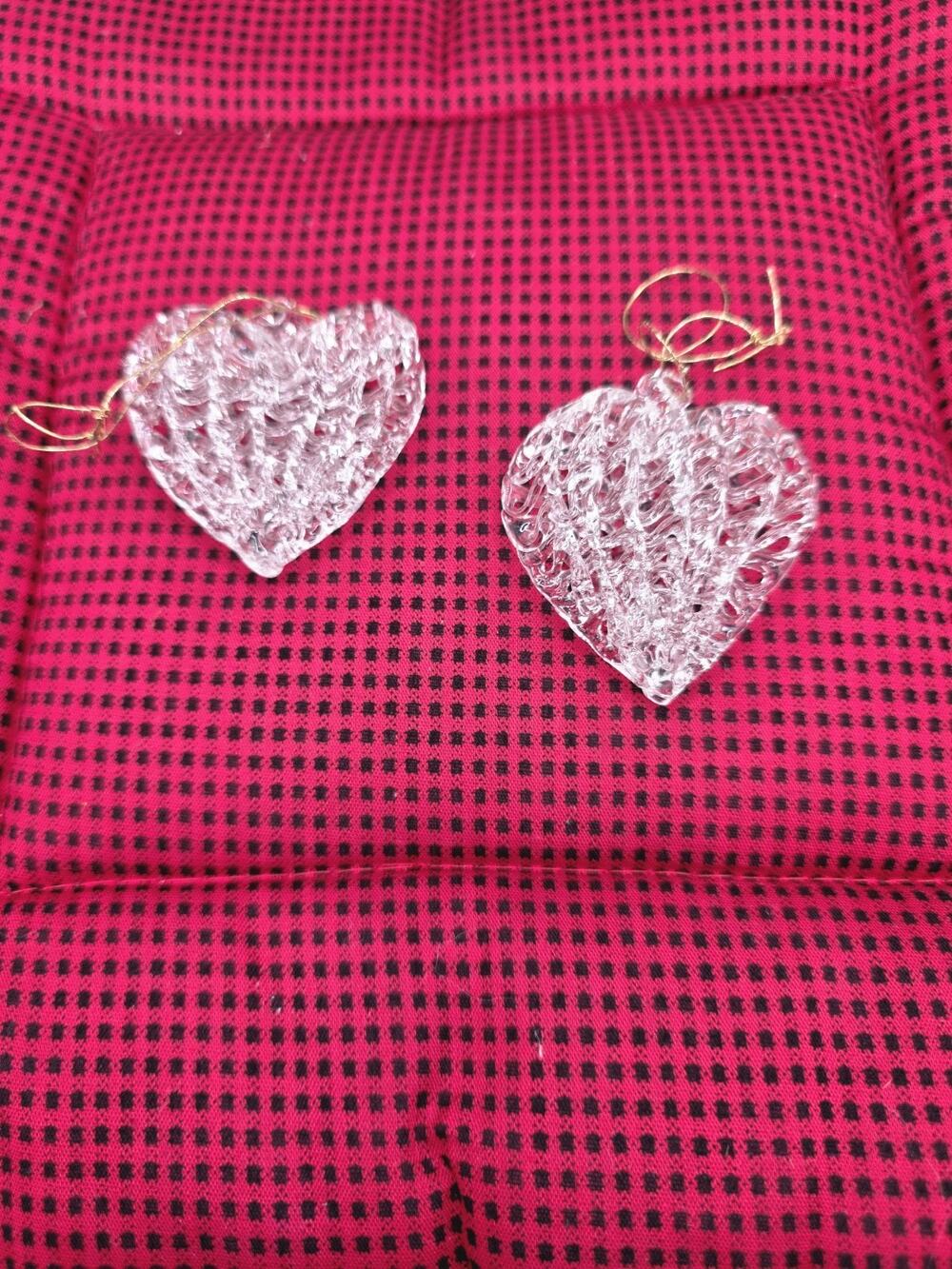 Vtg Clear Spun Glass Heart Ornaments Pair Criss Cross Lattice Openwork Set 2